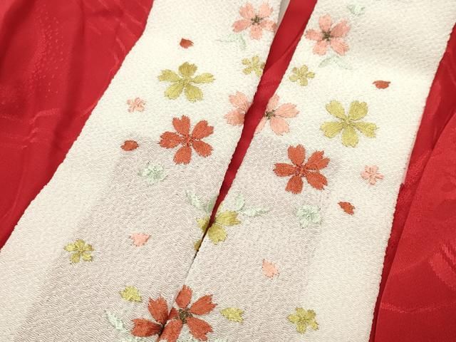 平和屋着物○振袖用長襦袢 無双仕立て 流水糸巻き花地紋 赤色 半衿刺繍