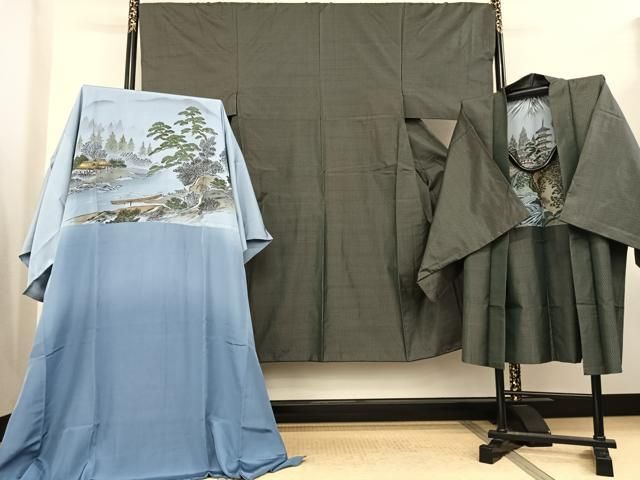平和屋着物○男性 本場大島紬 アンサンブル 長襦袢(袷)セット 格子