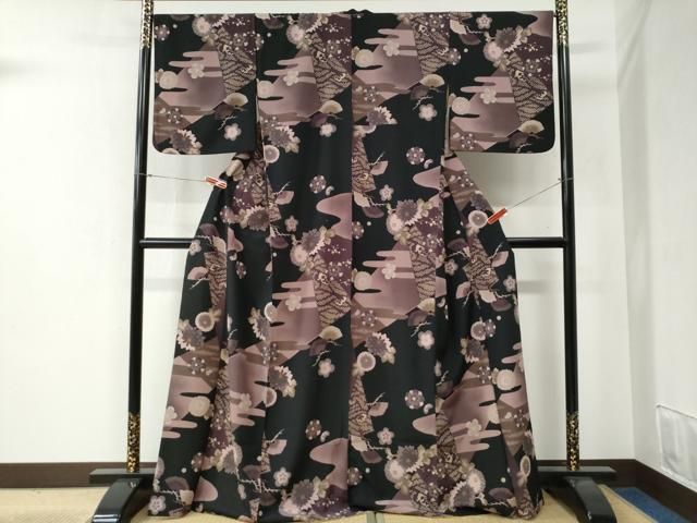 平和屋着物●小紋　エ霞舞花文　黒地　洗える着物　CABB4608yc 平和屋着物□上質な小紋 舞花文 蛍暈し 正絹 逸品 DABD6054du : 平和屋