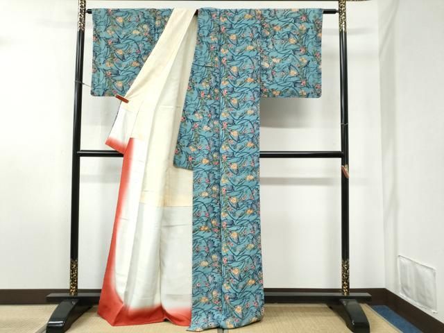 平和屋着物○上質な小紋 紅型 花蝶文 鬼しぼ縮緬 正絹 逸品 CABB4619yc
