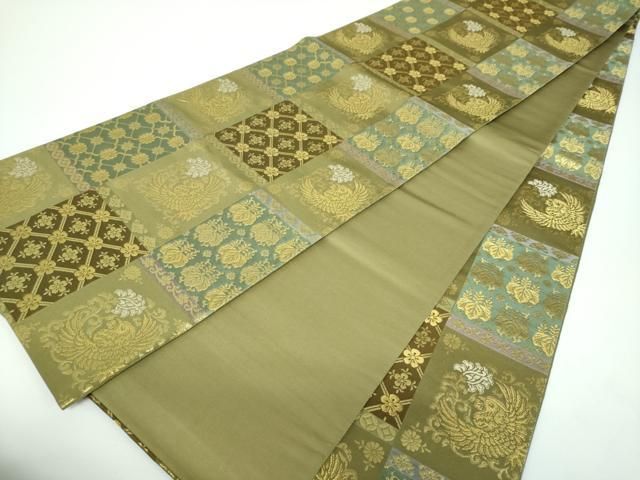 平和屋着物○全通柄袋帯 金色繭 飛天・草木染 更紗花鳥文 金糸 正絹