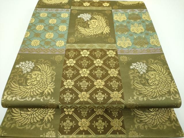 平和屋着物○全通柄袋帯 金色繭 飛天・草木染 更紗花鳥文 金糸 正絹