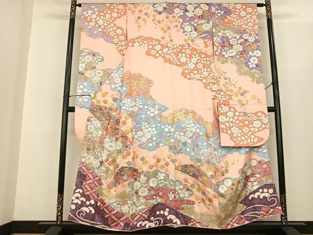 平和屋着物●紫綬褒章　巨匠『岩田専太郎』　振袖　花蝶文　暈し染め　金銀彩　反端付き　正絹　逸品　AABD6388cs 平和屋着物○紫綬褒章 巨匠『岩田専太郎』 振袖 駒刺繍 辻が花 金彩