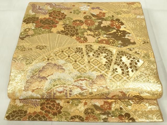 六通柄袋帯 花柄 鳳凰刺繍 ベージュ系 袋帯 逸品 鳳凰 牡丹 金銀糸 ベージュ 六通 正絹 中古 : リユース