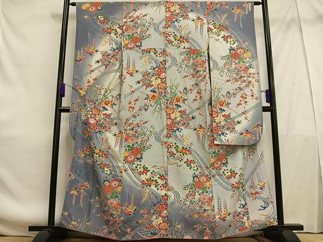 平和屋着物○豪華振袖 型染め 流水群れ鳥草花文 暈し染め