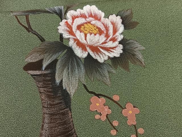 平和屋着物○お召 花唐草地紋 色無地 胡桃染色 正絹 逸品 AABE5916ph 平和