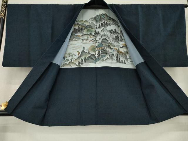 平和屋着物▽男性 紬 アンサンブル 色無地 藍鉄色 正絹 逸品