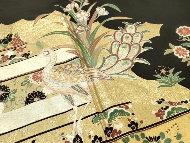 平和屋着物□豪華黒留袖 駒刺繍 陶器花文 金彩 正絹 逸品 CABF1679th