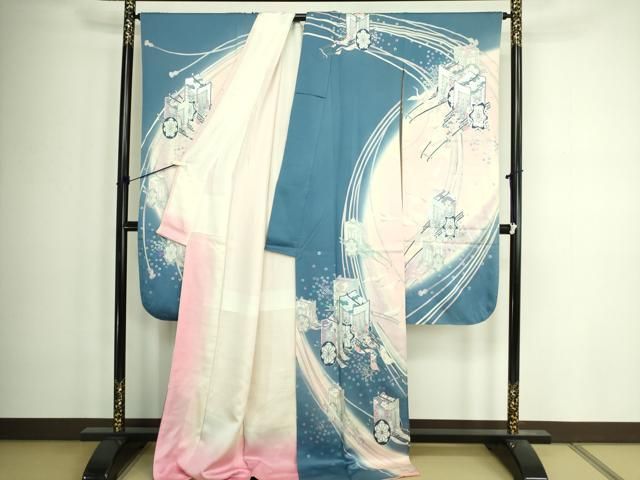 平和屋着物□豪華振袖 飛鶴御所車花文 暈し染め 銀彩 正絹 逸品