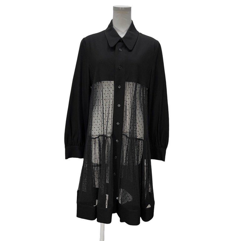 LIMI feu ドット刺繍チュール切替ウールギャバジンロングシャツ