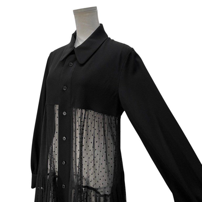 LIMI feu ドット刺繍チュール切替ウールギャバジンロングシャツ