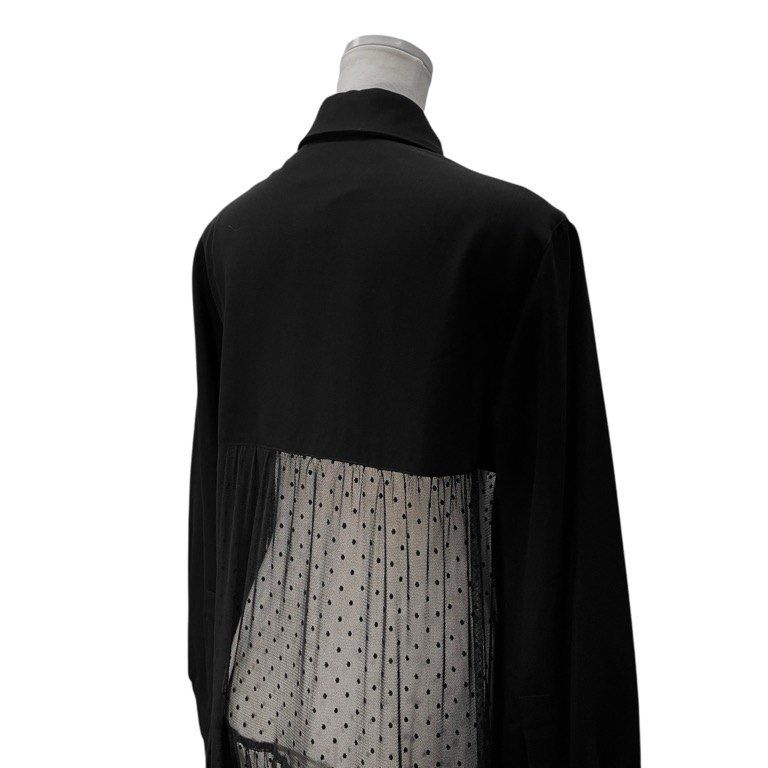 LIMI feu ドット刺繍チュール切替ウールギャバジンロングシャツ