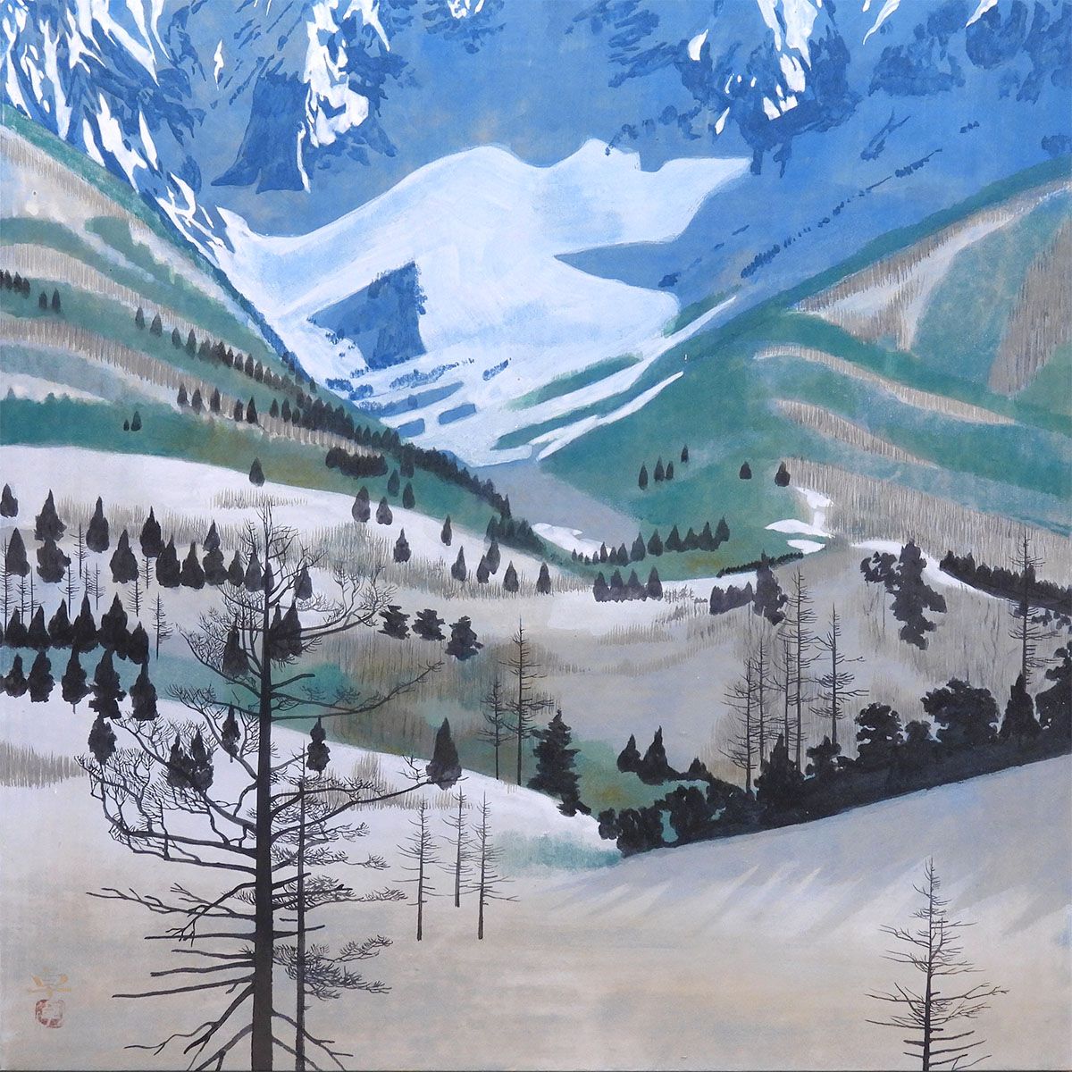上原卓 冬の嶺 紙本彩色12号 風景画 共シール 雪 山 自然 京都芸大教授
