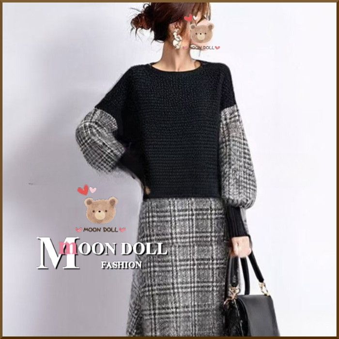 3L相当】ぽわん袖チェック柄切替ワッフル切替ドッキングワンピース