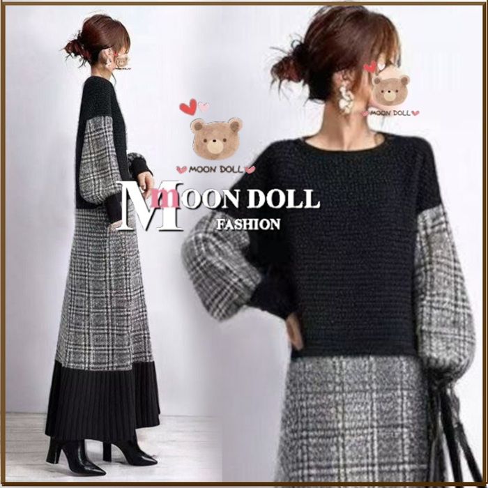 3L相当】ぽわん袖チェック柄切替ワッフル切替ドッキングワンピース