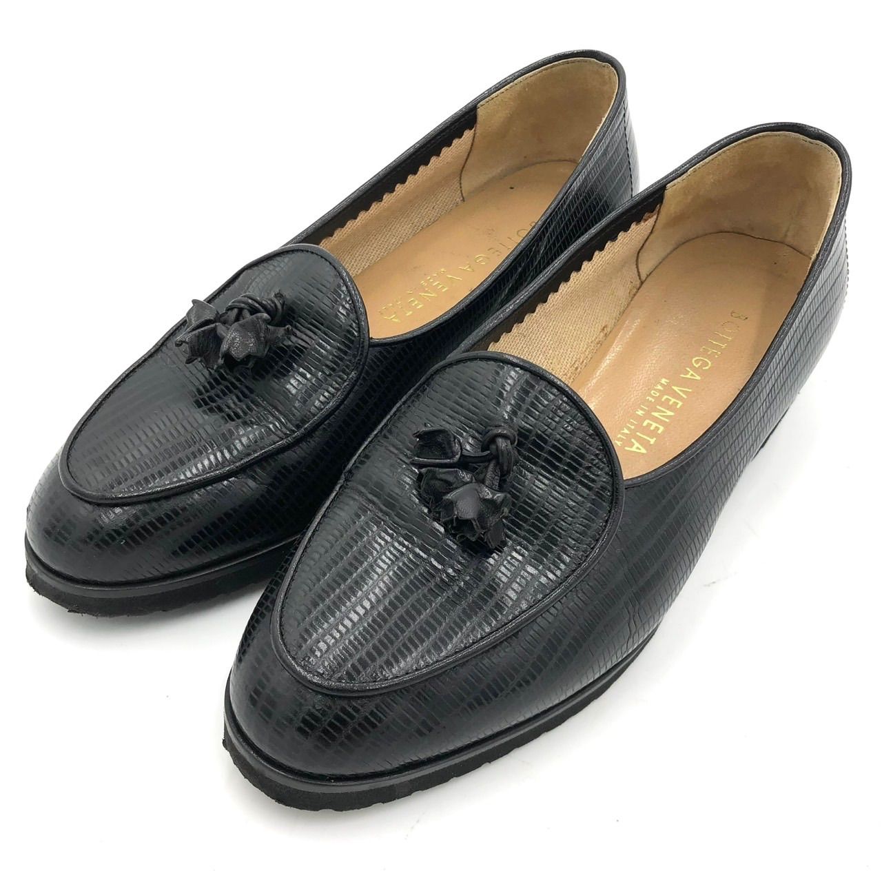 Bottega Veneta 黒ローファー 35.5 22.5センチくらい 美品】ボッテガヴェネタ ローファー 35.5 黒 リザード型押し 22.5cm
