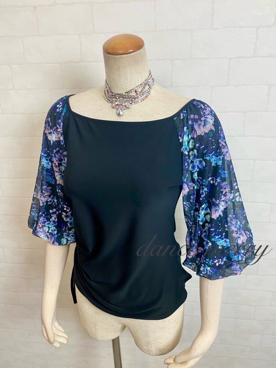 新品 社交ダンス バルーン袖 トップス 黒 青 紫 パーティ レッスン