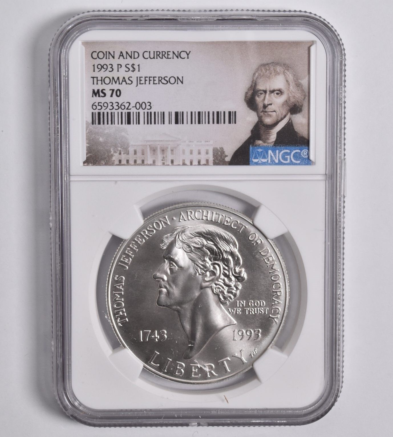 MS70 1993-P ジェファーソン記念 シルバードルコイン 通貨 NGC 額面