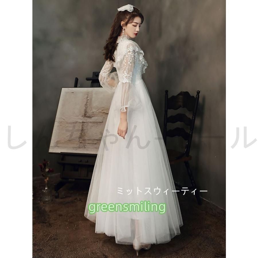 ウェディングドレス マキシ丈スカート レース 結婚式 半袖 パーティー