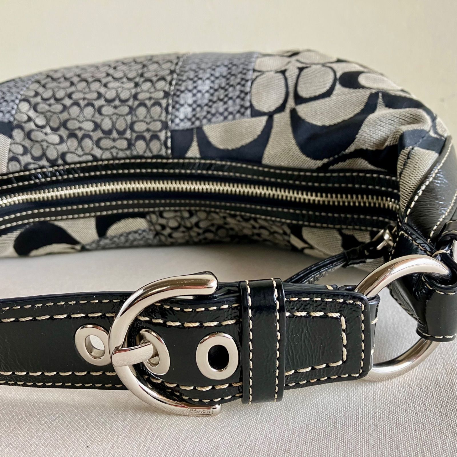 Coach Vintage Patchwork Signature Black Leather Strap Hobo