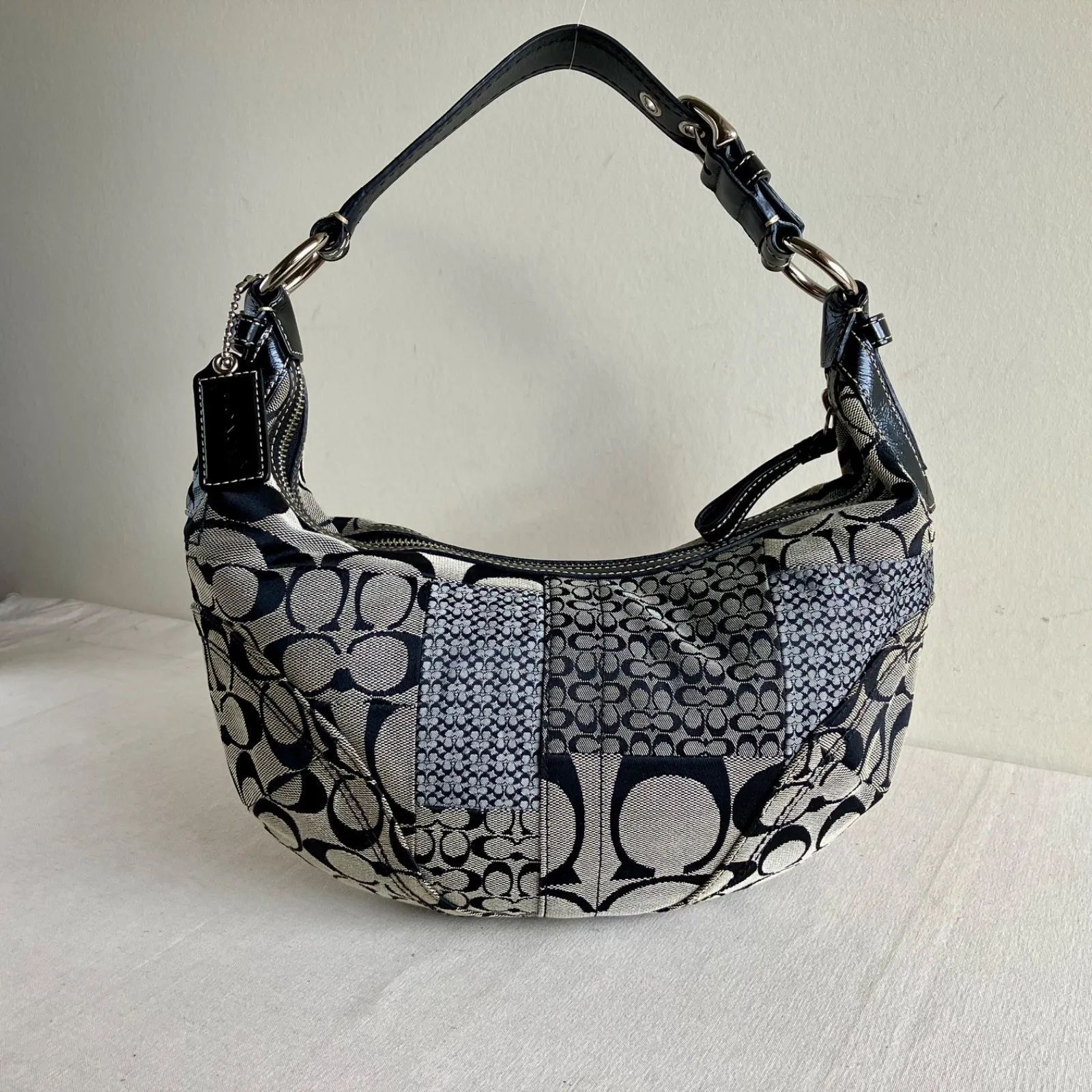 Coach Vintage Patchwork Signature Black Leather Strap Hobo