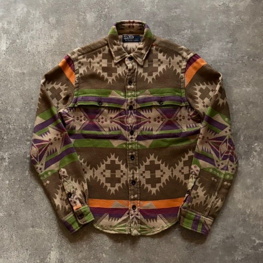 90年代 90 s Polo by Ralph Lauren ラルフローレン インディアン ネイティブ 総柄 ダッフル地 コットンシャツ