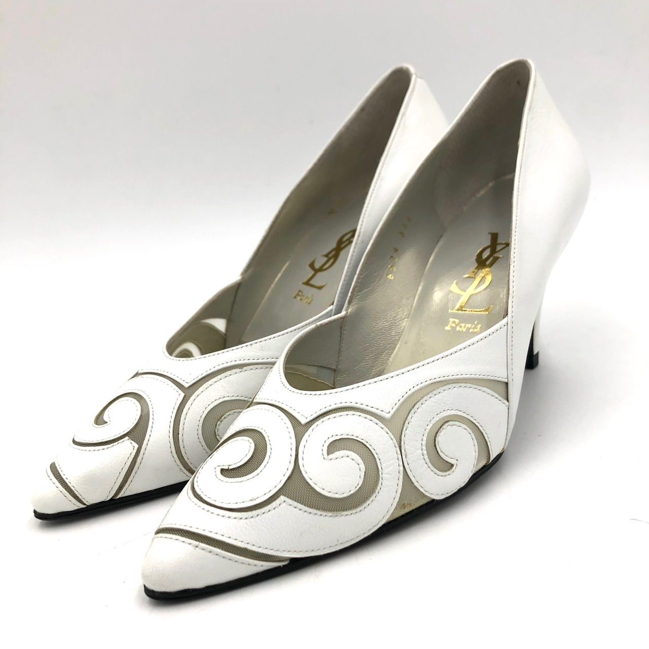 イヴ・サンローラン　白のヒール イヴサンローラン パンプス 22.5cm ホワイト 白 レザー YSL ヒール 8cm