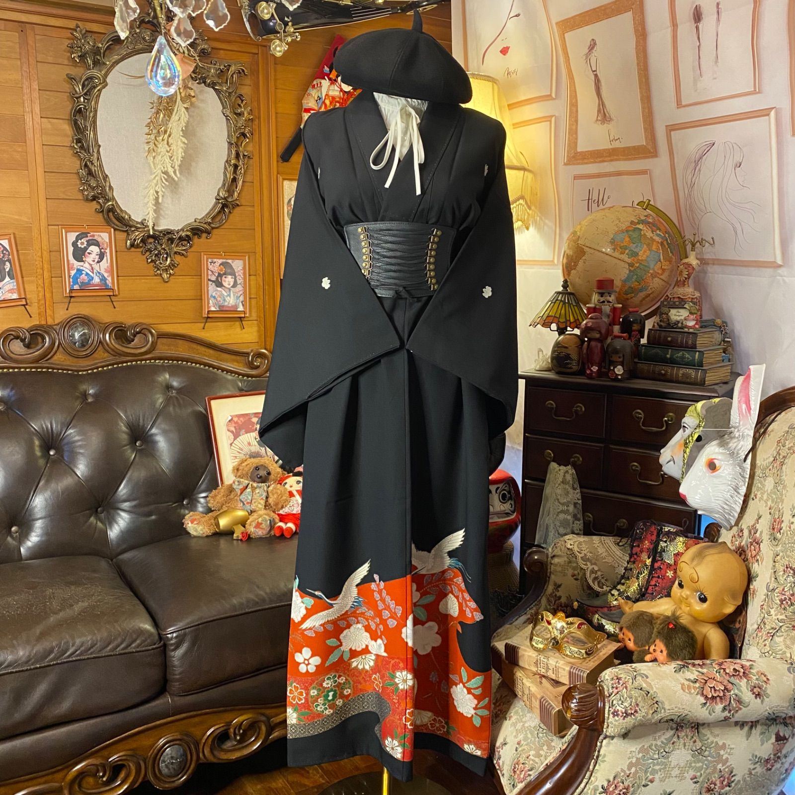 留袖 着物 リメイク ワンピース ドレス ロング 和洋折衷 洗える 化繊 ハンドメイド レトロ 古着 情熱の朱と金彩に躍る双鶴 TKW 114