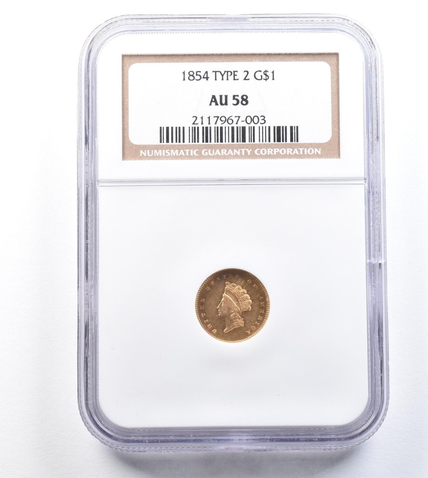 1854年 1ドル インディアン・プリンセス・ヘッド金貨 タイプ2 AU58 NGC