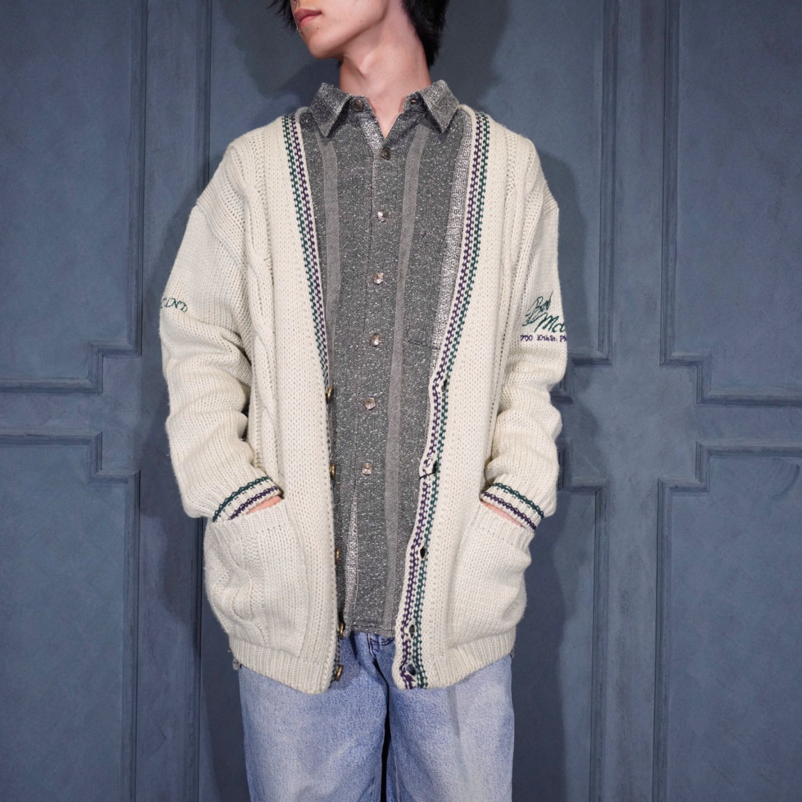 EU VINTAGE FOXHOUND EMBROIDERY DESIGN KNIT CARDIGAN MADE IN ITALY 