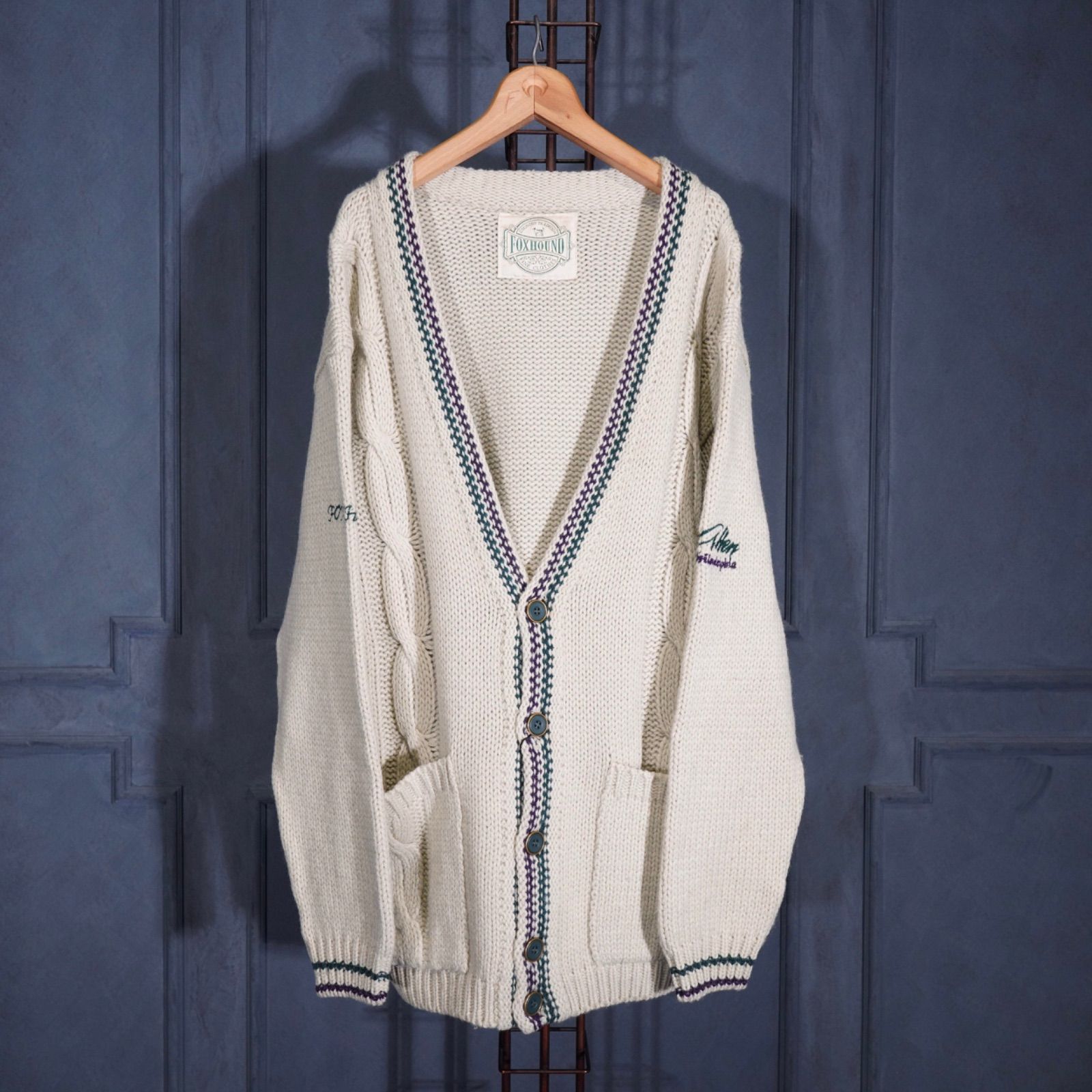EU VINTAGE FOXHOUND EMBROIDERY DESIGN KNIT CARDIGAN MADE IN ITALY 