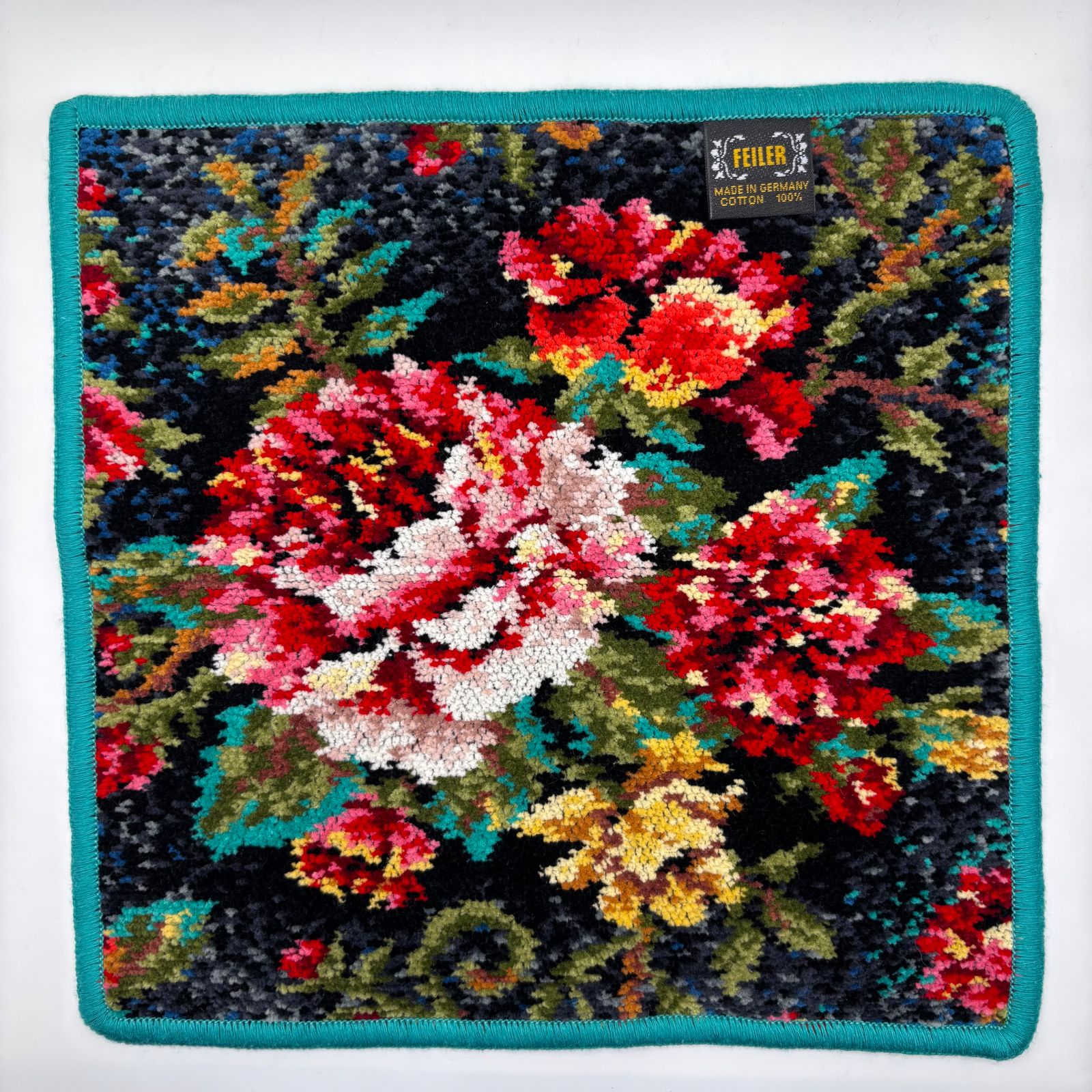 6144 美品 FEILER フェイラー ハンカチ ハンドタオル 花柄 グリーン系