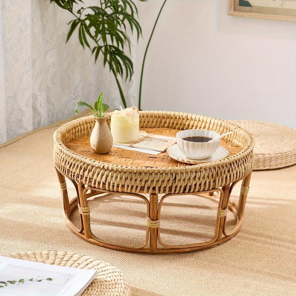 天然素材の温もり】ラタン サイドテーブル 手編みウィッカー