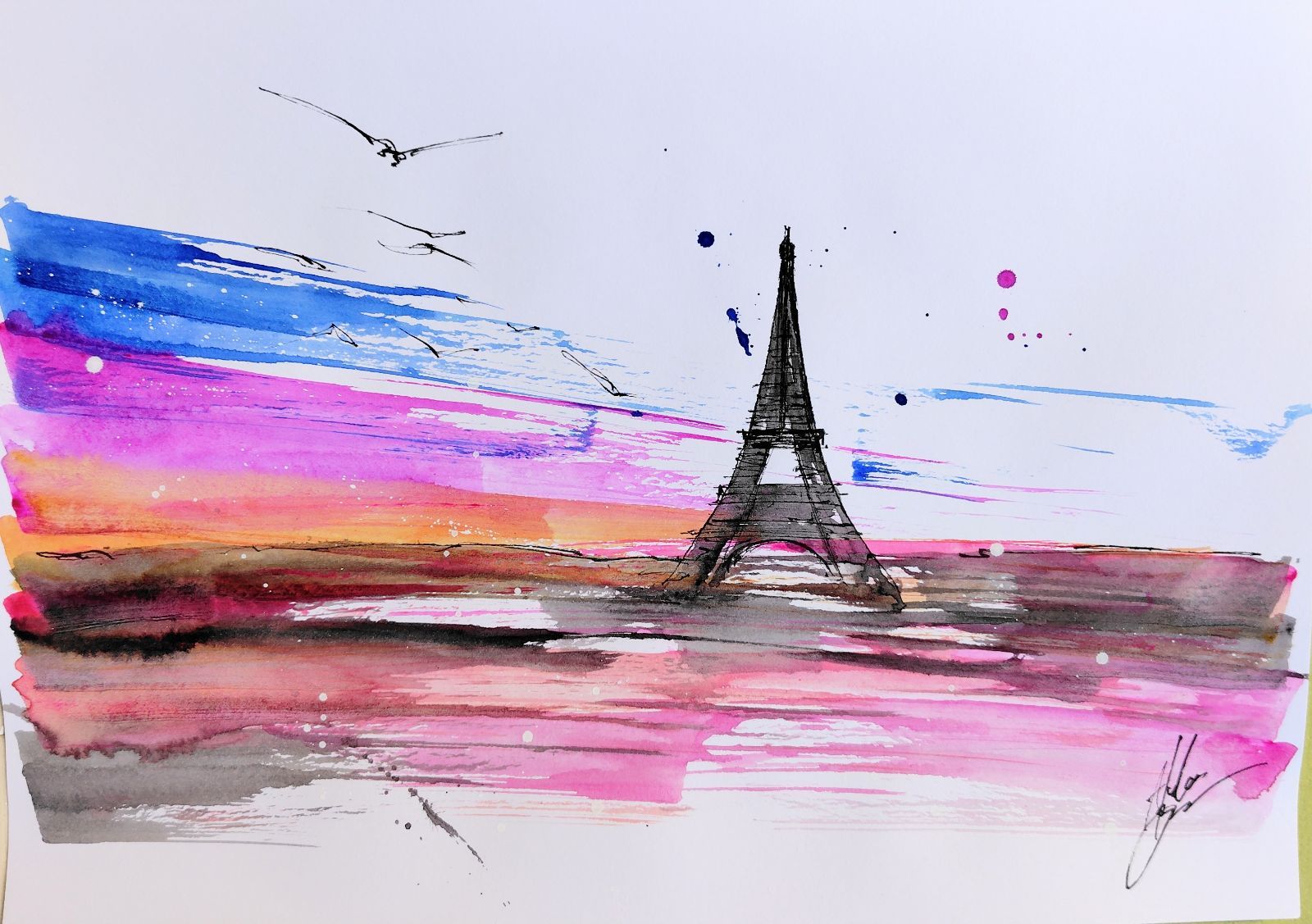原画#151 エッフェル塔 パリ フランス 夕暮れ 水彩画 ドローイング