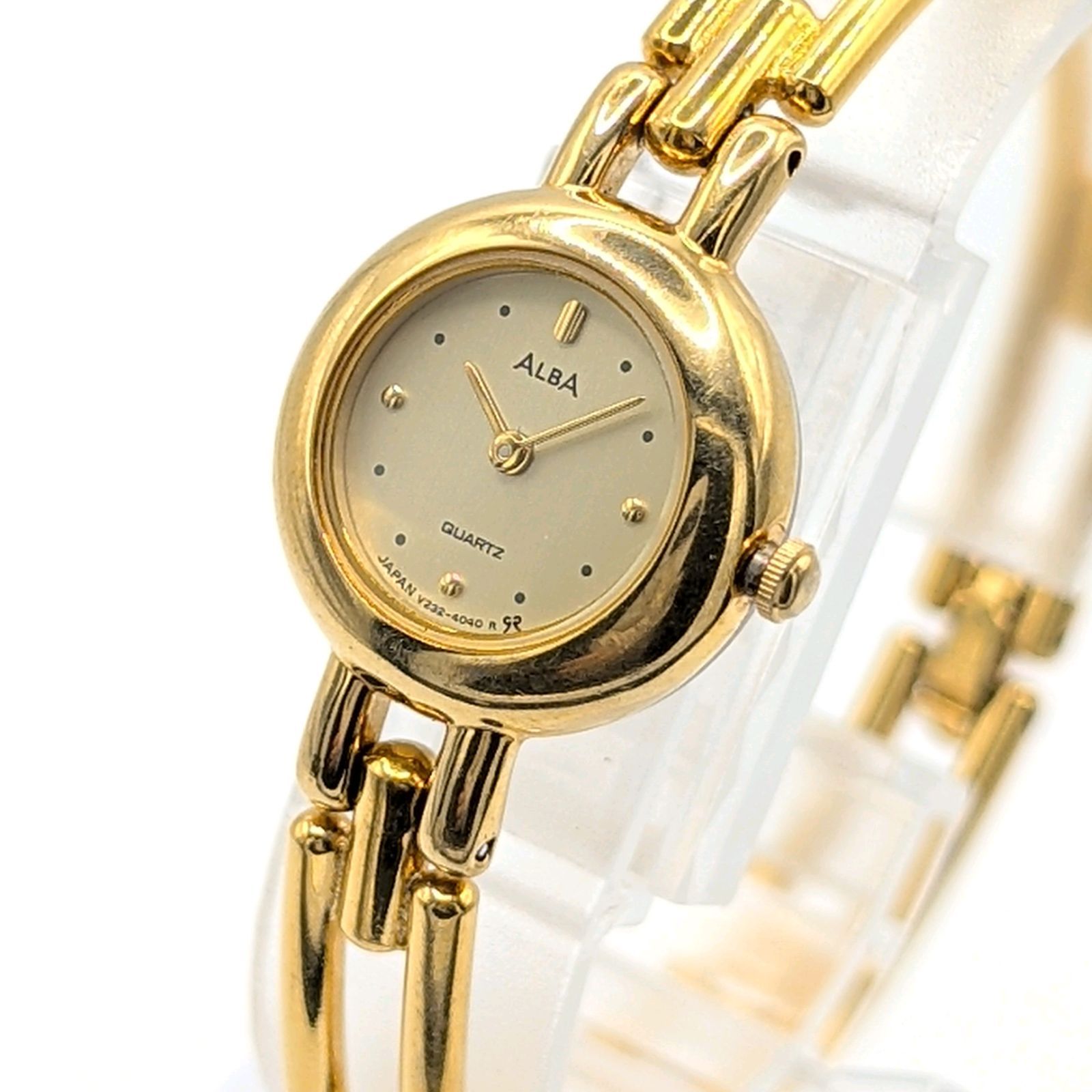SEIKO ALVA V232-0600 Watch Quartz Ladies Round Gold Dial Bangle