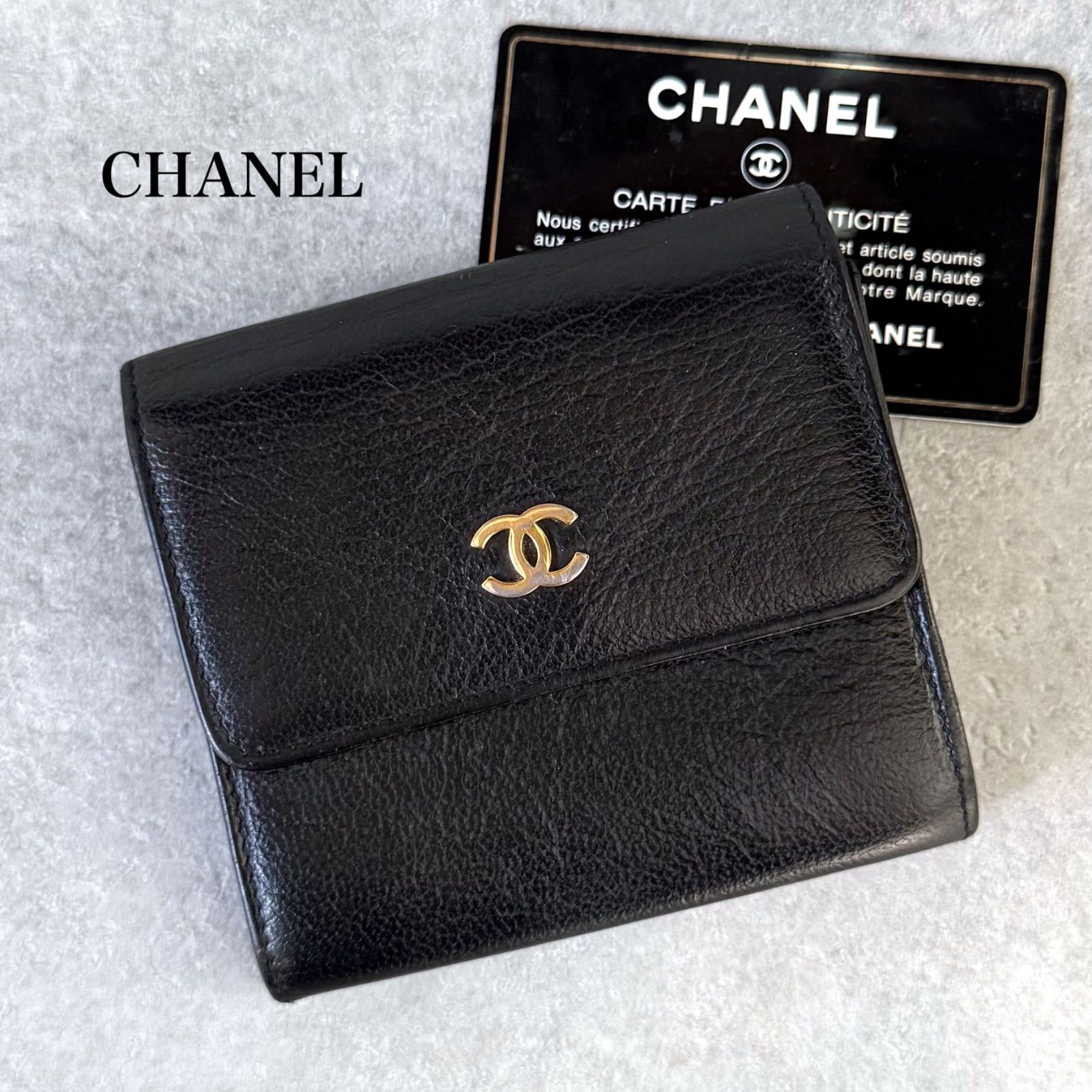 CHANEL シャネル ココマーク レザー 三つ折り財布 wホック ブラック 黒