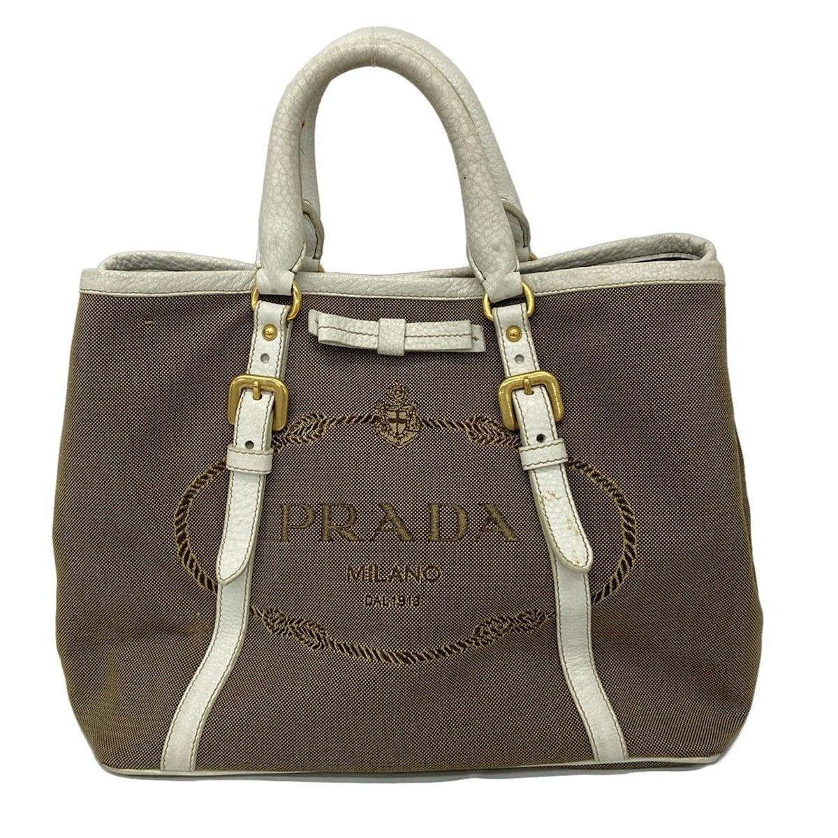 プラダ PRADA バッグ ハンドバッグ ジャガード×レザー ベージュ 