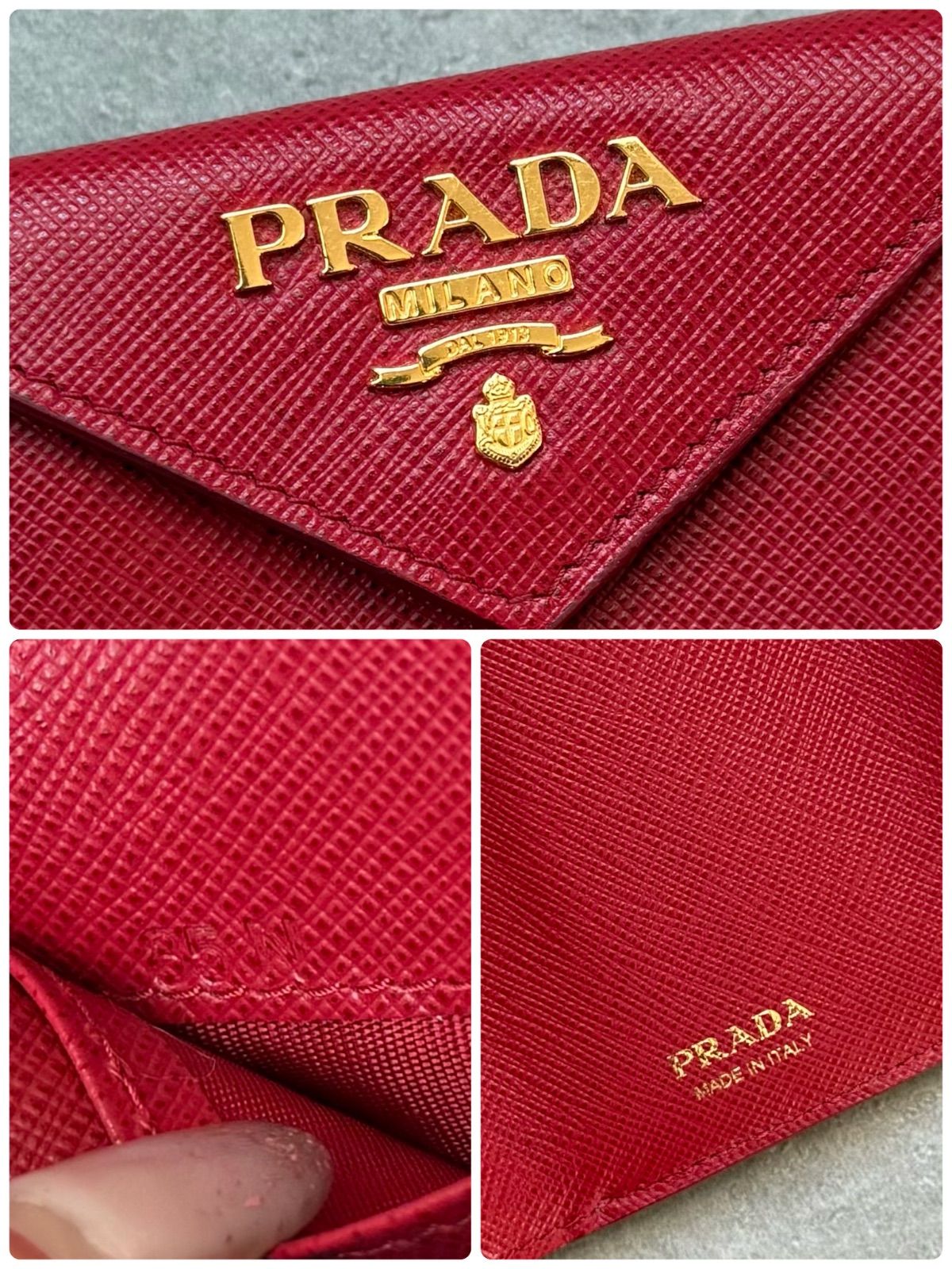 極美品 PRADA プラダ サフィアーノレザー ロゴ 三つ折り財布 赤