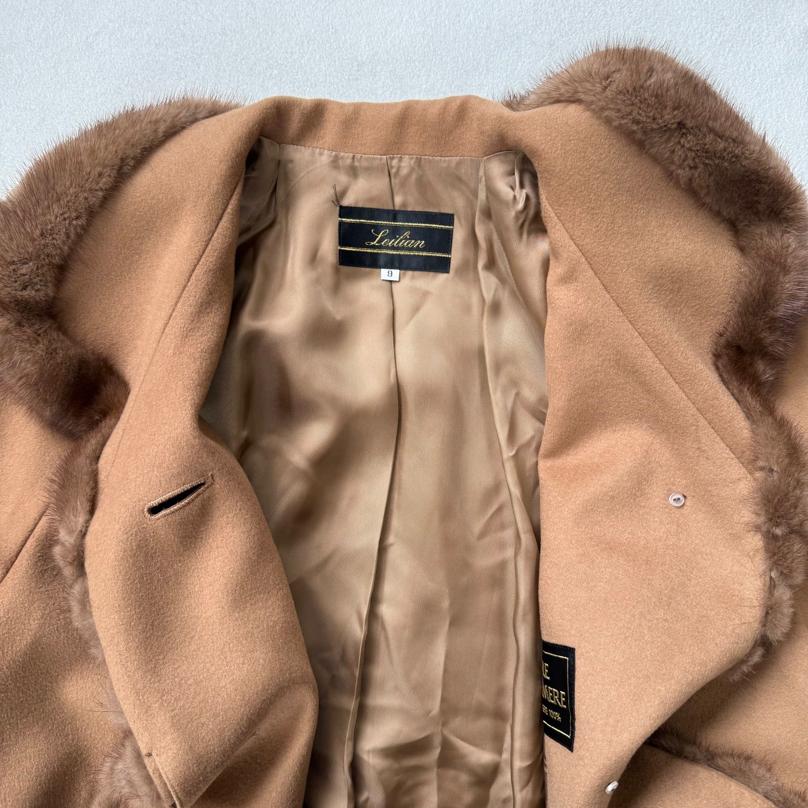 【新品同様】レリアン カシミヤ100% ミンクトリム ロングコート 9号 M 極美品・9号✨レリアン カシミヤ100% ミンクファー ロング コート
