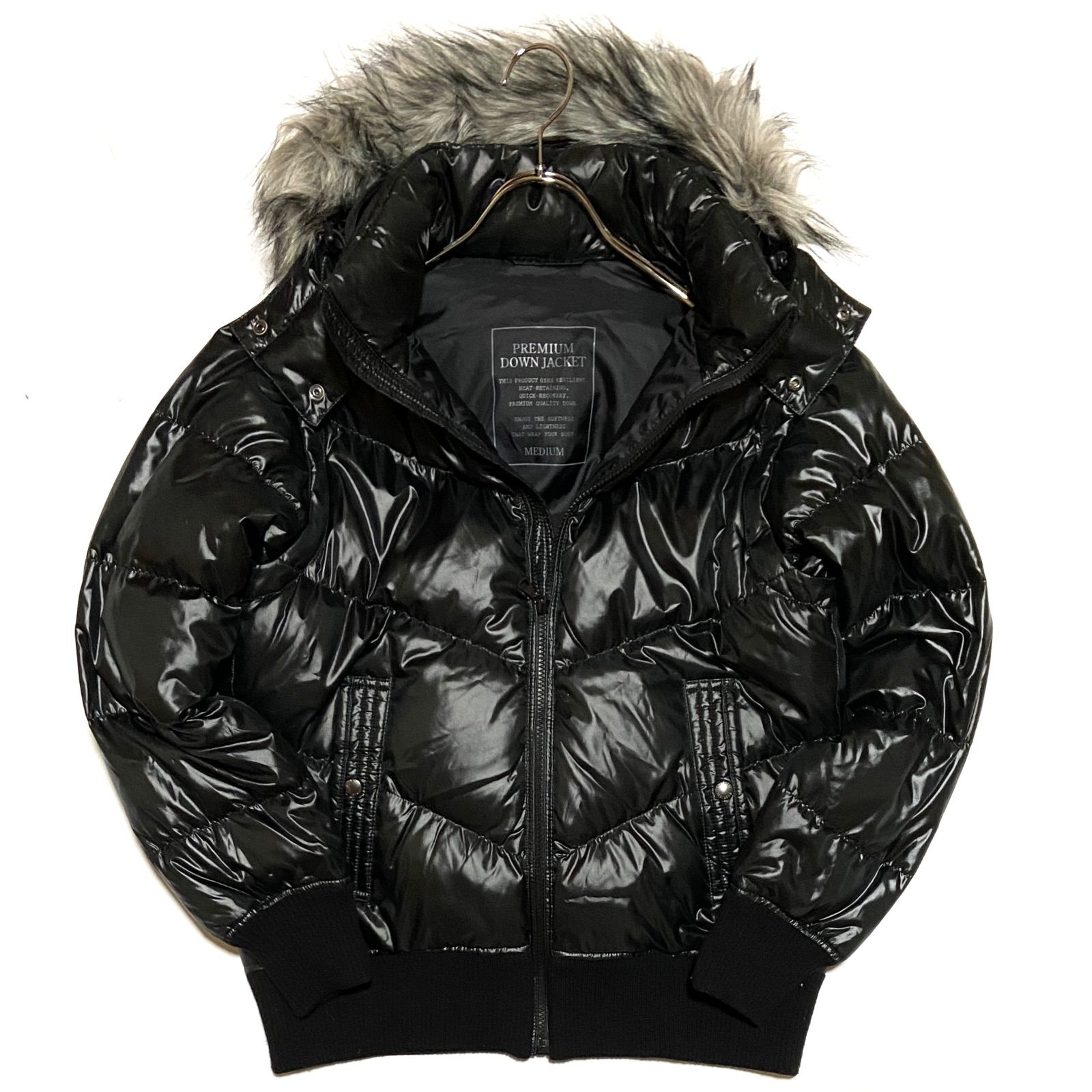 プレミアムダウンジャケット フード付L 光沢ある黒色