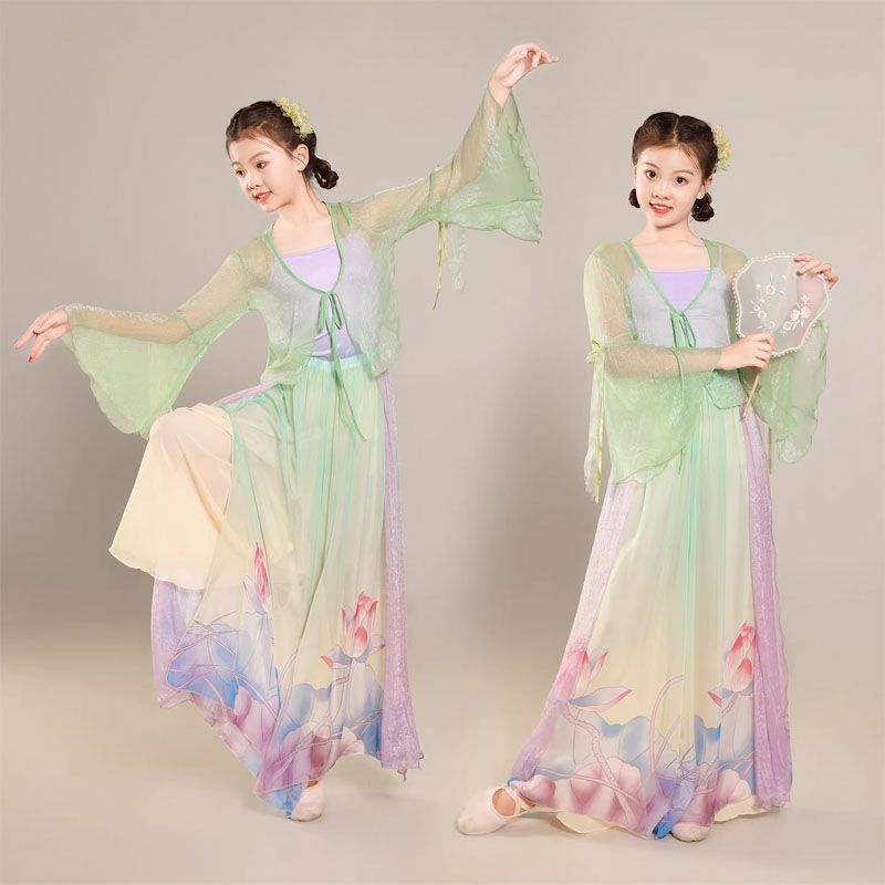 キッズ 子供 中華風ダンス衣装 グラデーション中国古典舞踊ダンス衣装