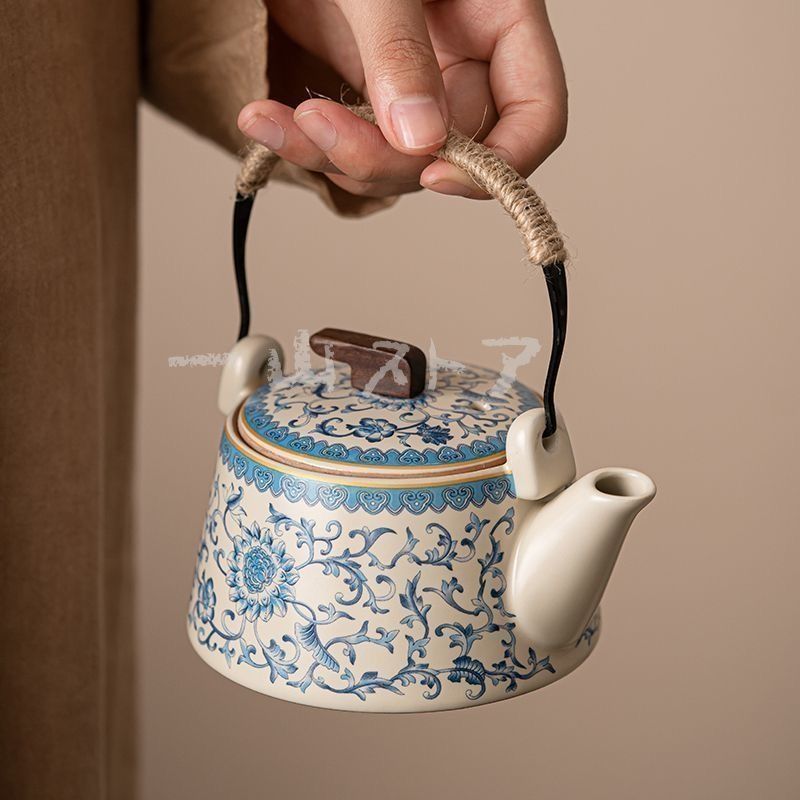 中国風汝窯青花茶壺、小サイズの提梁壺、セラミック茶具、汝瓷のポーチ