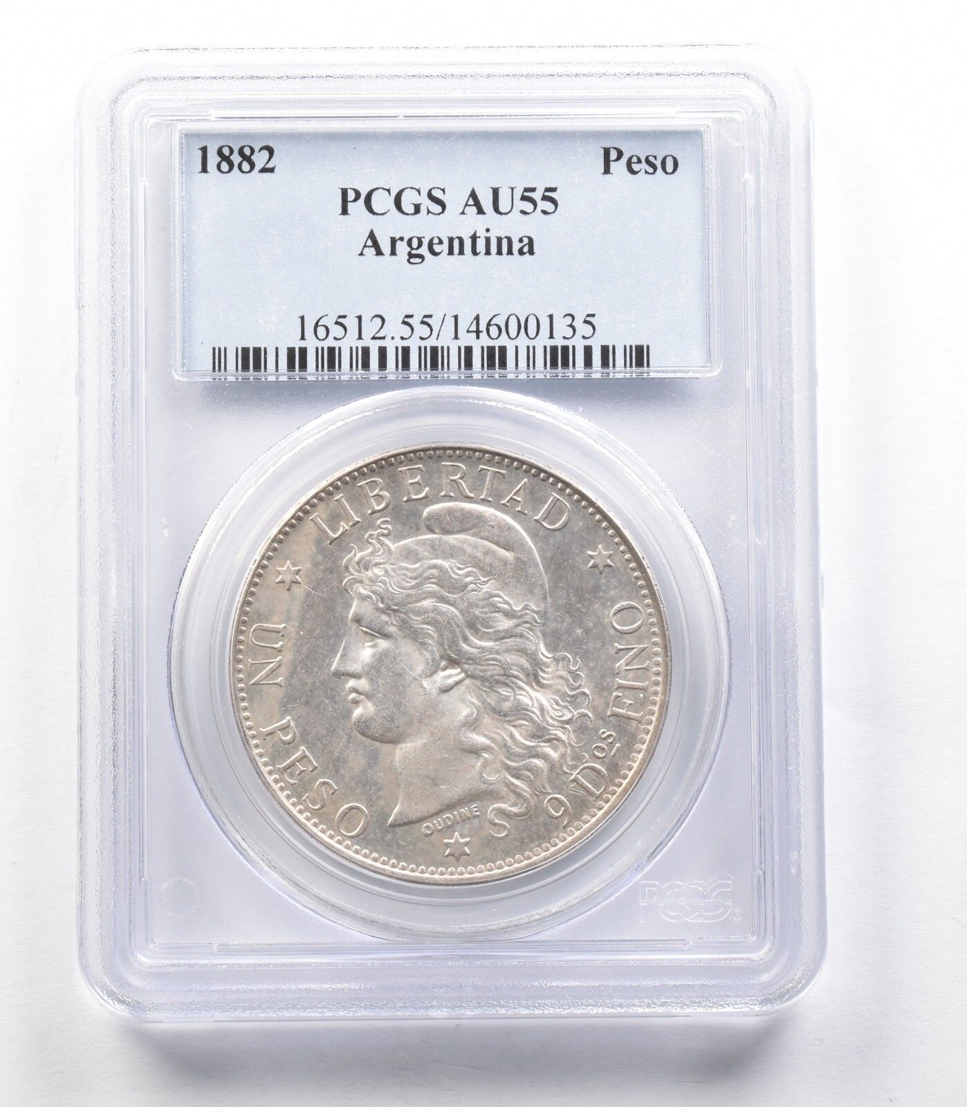 1882年、アルゼンチン共和国。美しい50センタボ（1/2ペソ）銀貨。NGC AU+｜1882 50C