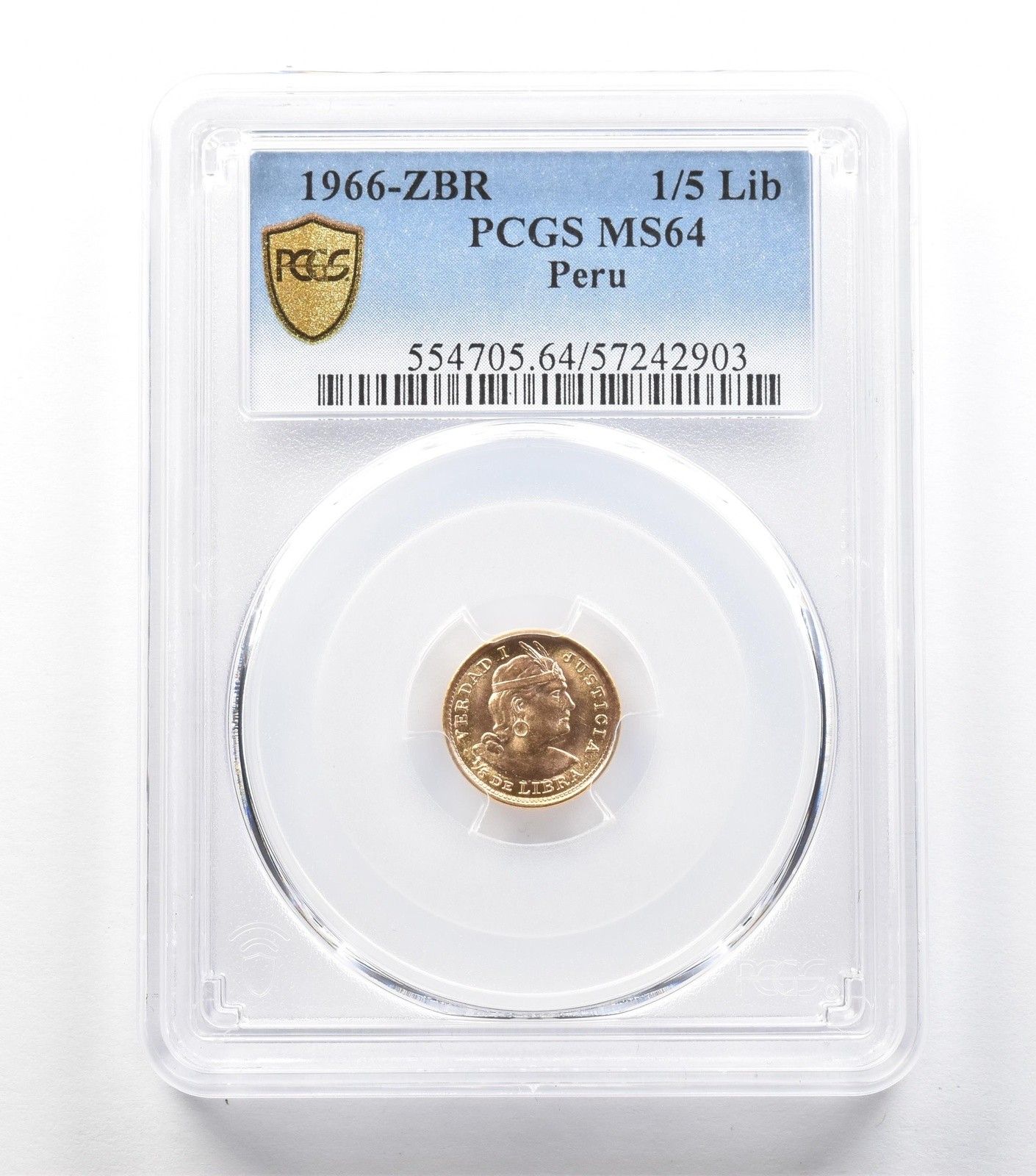 1966年 ZBR ペルー 1 5 リブラ ゴールド MS 64 PCGS 3720