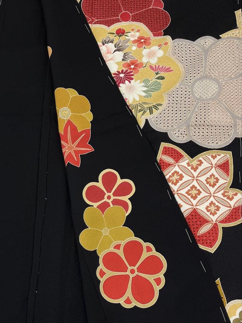汕頭刺繍 振袖 仮絵羽 未仕立て品 松竹梅 楓 正絹 八掛付き MOK856 