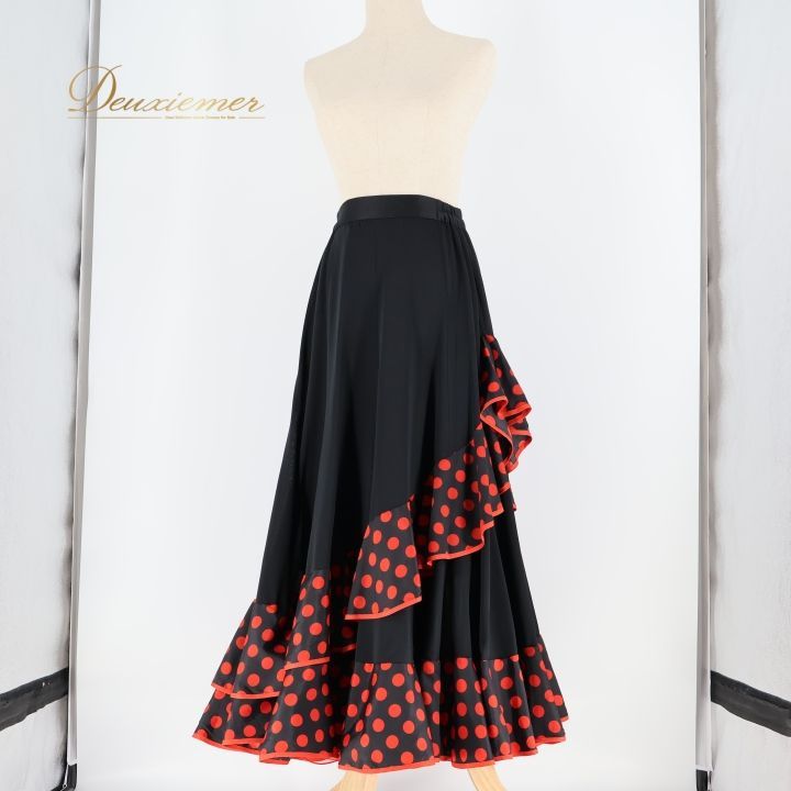 フラメンコ 衣装 ファルダ スカート 黒 赤 水玉 ドット フリル ICHIOKU