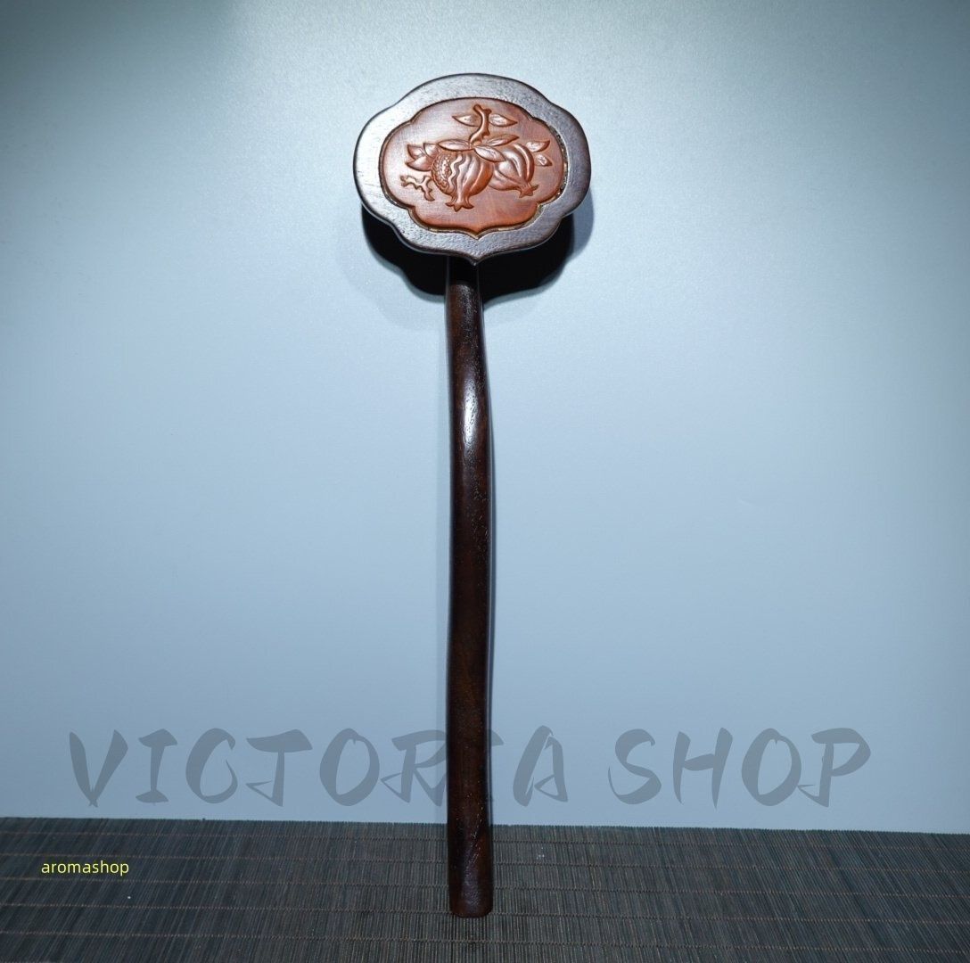 新品未使用】花梨木彫 嵌黄木如意 細密毛彫 細密 彫 中国美術 極細工