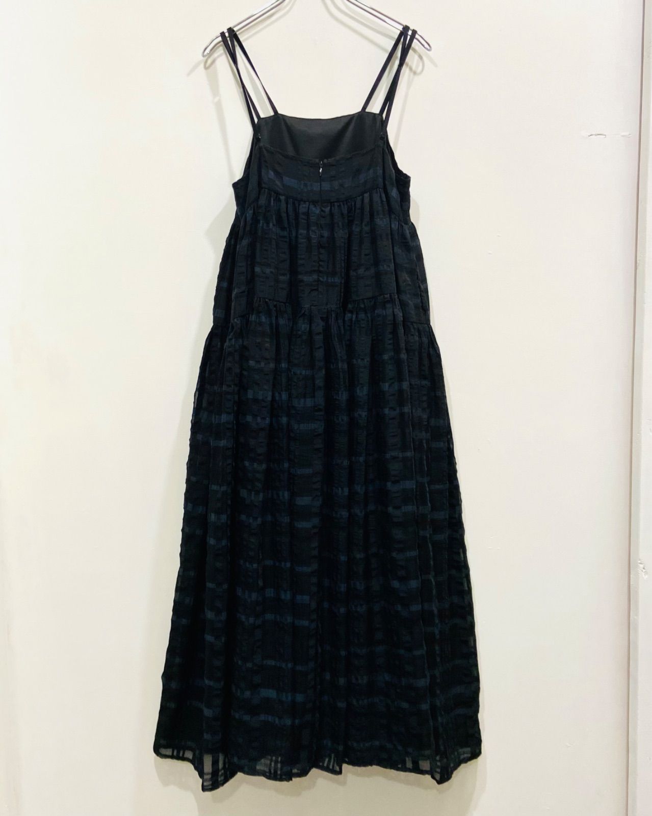 CAROLINA GLASER シアーチェック キャミワンピース ティアード ギャザー ブラック ネイビー み