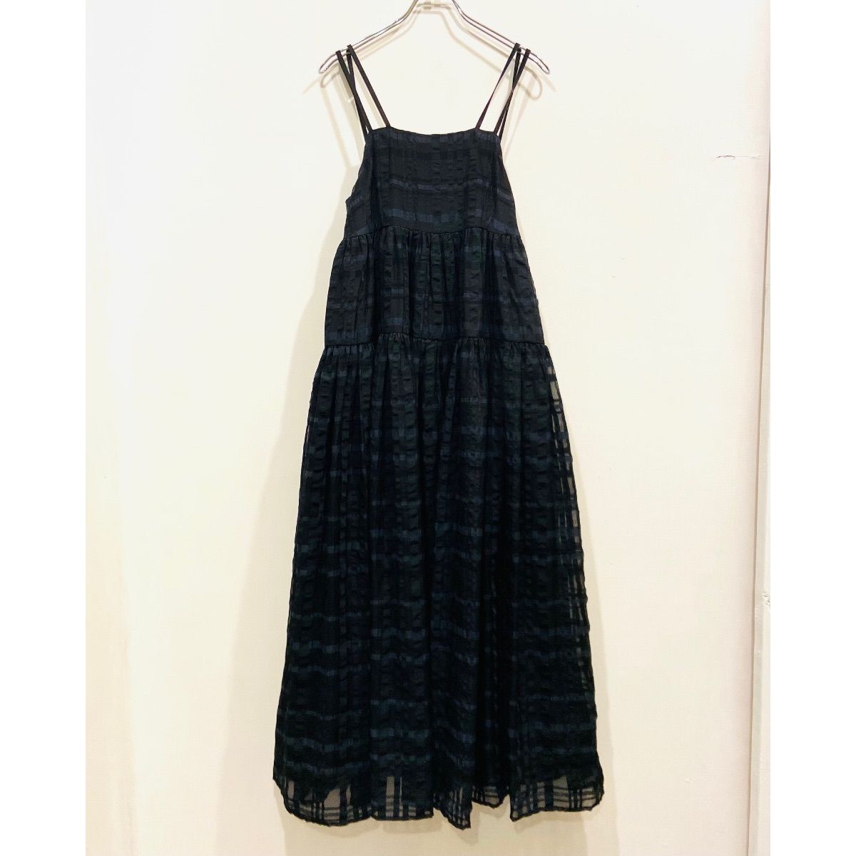 CAROLINA GLASER シアーチェック キャミワンピース ティアード ギャザー ブラック ネイビー み
