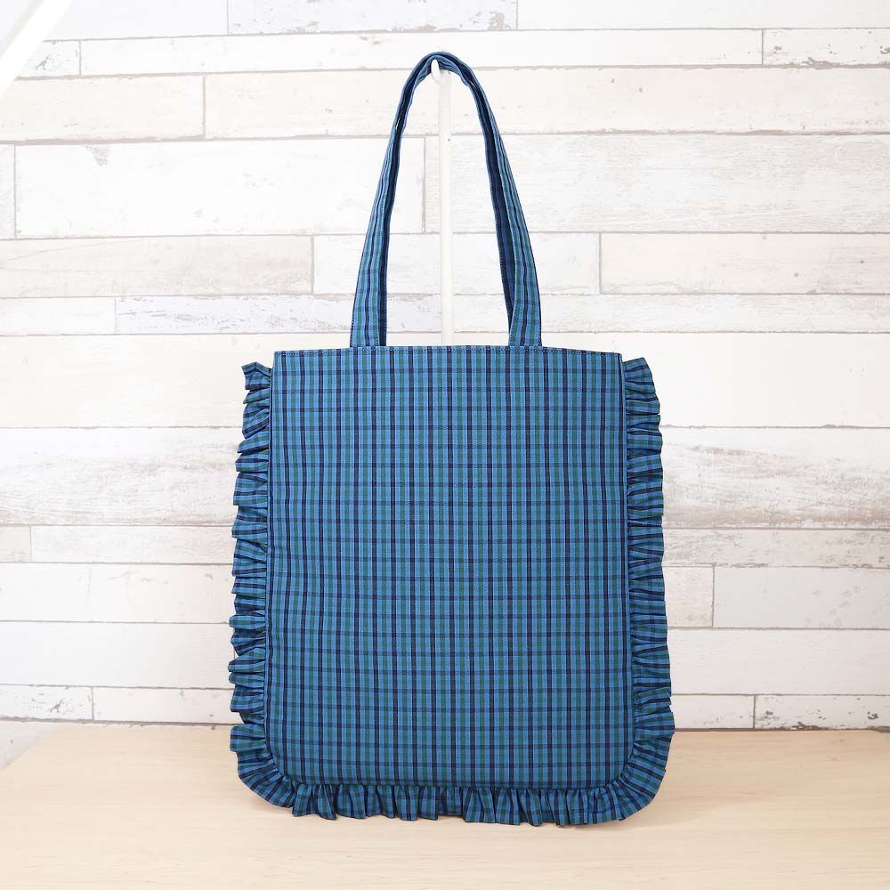 フリル付き ファミリア風 ブルーグリーンチェック トートバッグ